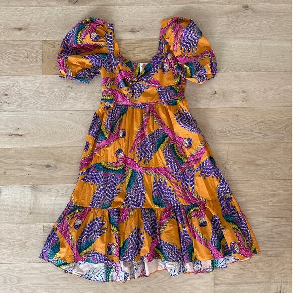 Farm Rio - Macaw Print Puff Sleeve Dress in Orange & Purple Multi - Picture 1 of 5